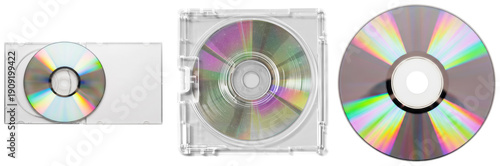 Foto set of three compact discs (cds) showing colorful rainbow reflections, including one in a clear jewel case, isolated on transparent background