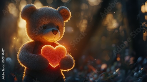 Wallpaper Mural Teddy bear holds glowing heart in forest at sunrise Torontodigital.ca