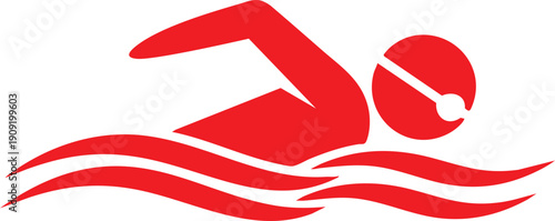 Red silhouette of a swimmer wearing a cap and goggles in stylized waves Keywords: swimming