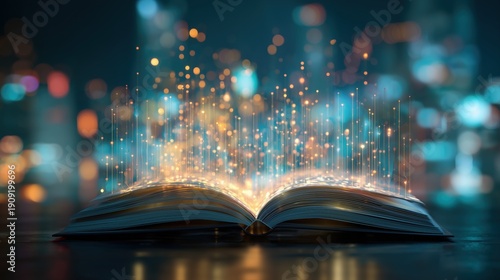 Open book with pages glowing and circuit patterns emerging from its edges, set against an abstract background of digital data streams and lights.