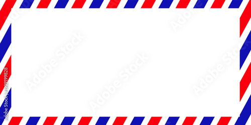 Airmail Envelope frame images with strips. International vintage letter border. Retro air mail postcard with blue and red stripes. Empty classic postal frame. Vector illustration