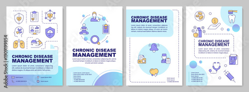 Chronic disease management blue gradient brochure layout. Personal wellbeing. Leaflet advertising design with color line icons. Editable 4 pages. Arial-Bold, Myriad Pro-Regular fonts used