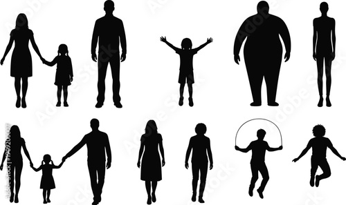 Black silhouettes of people in various poses on white background adults