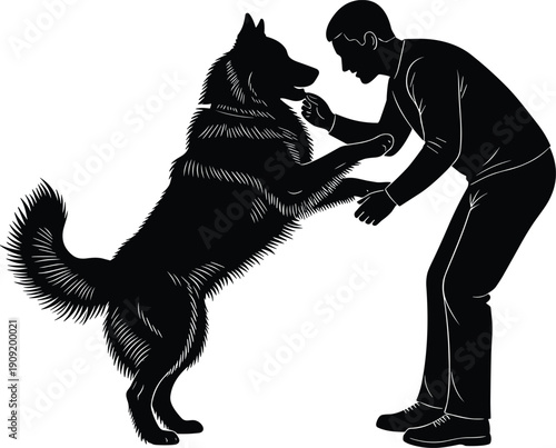 Man training dog silhouette showing human and pet interaction obedience play moment isolated on white background animal training vector illustration