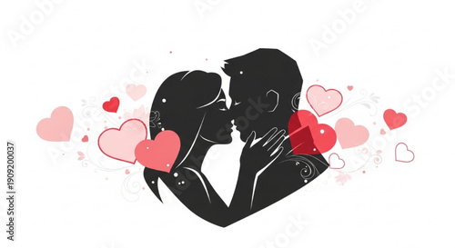 Romantic Couple Silhouette Kissing with Hearts Vector Illustration