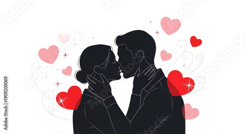 Romantic Couple Silhouette Kissing with Hearts Vector Illustration