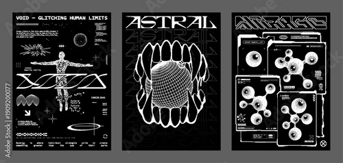 Sci-fi Darkness Posters in Brutalism bitmap style. Cyberpunk pixel arts with wireframe, HUD, Suitable for typography, t-shirt prints, and streetwear. Brutalism, cyberpunk style. Vector posters