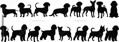 Black silhouettes of various dog breeds standing and sitting dogs white background