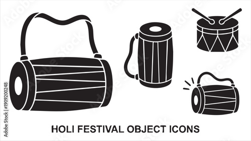 Holi festival musical instrument icons set with traditional indian dhol and drums