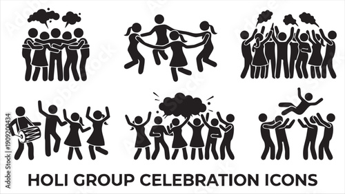 Holi group celebration icons illustrating people dancing singing and celebrating together festival
