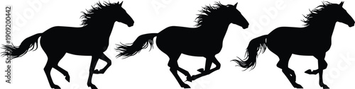 Running horse silhouettes in motion, galloping animal vector illustration, wildlife art design, decorative nature motif, dynamic equine pattern concept