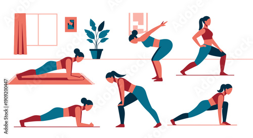 Woman practicing various yoga poses in a serene home environment.