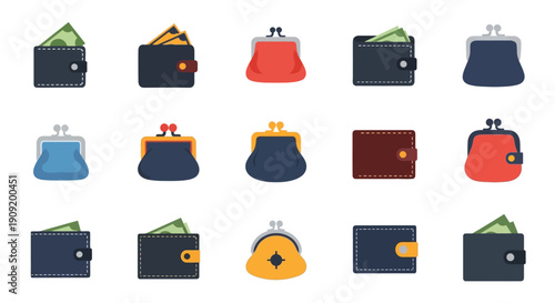 Collection of various colored wallets and purses with cash.