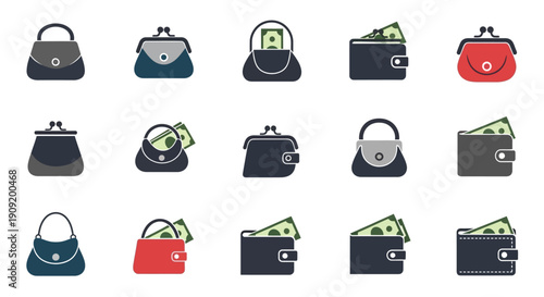 Collection of Handbags and Wallets with Money Icons.