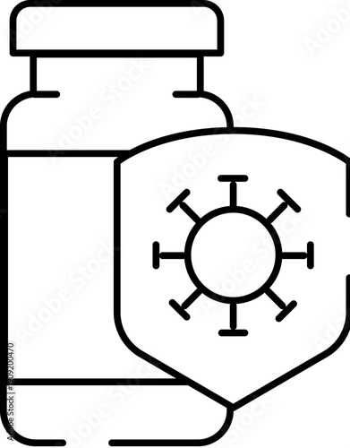 Vaccine vial with shield overlay protecting against virus icon, symbolizing immunity, prevention and global pandemic response, healthcare, vaccination and medical research efforts