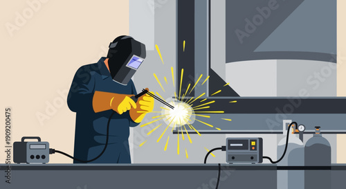 Industrial worker welding metal with protective gear in a factory setting.