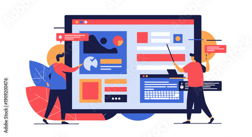 Graphic designers working on a large computer screen with various design elements.