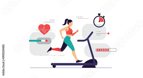 Woman Running on Treadmill with Health Icons.