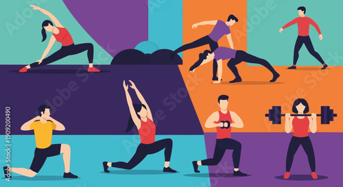 Vibrant Fitness Illustrations of People Exercising and Stretching.