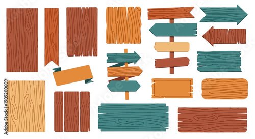 Collection of wooden signboards and directional arrows in various colors and orientations.