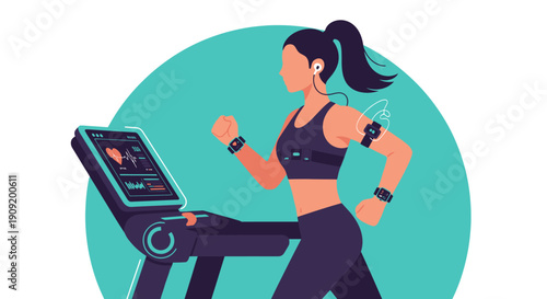 Woman Running on Treadmill Illustration Fitness Exercise.