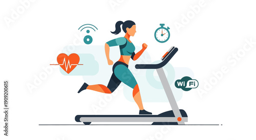 Woman Running on Treadmill with Fitness Tracking.