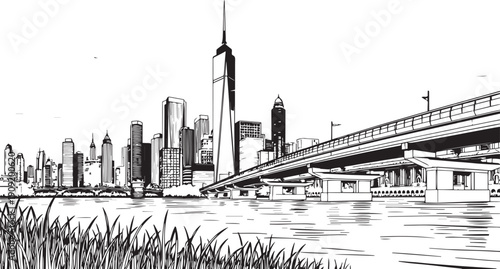 City landscape. Different buildings on street, outline cityscape hand sketch, flat houses. Hand drawn vector illustration