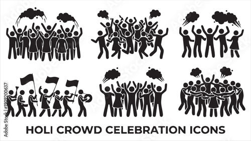 Holi crowd celebration icons depicting people cheering and celebrating festival of colors with powder and water guns