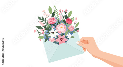 Hand holding open blue envelope with colorful spring flower bouquet