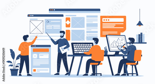 Team of designers collaborating on a web development project.