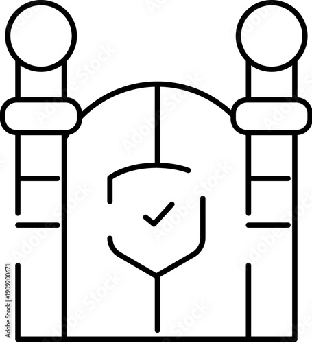 Outline icon representing a secure gate or closed barrier, featuring a protective shield symbol with a checkmark, conveying concepts of protection, safety, and secured entry