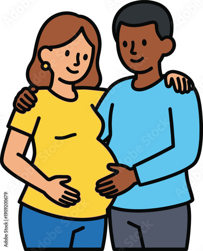 Expectant couple embracing, pregnant woman and supportive partner, illustration, tender moment, front view