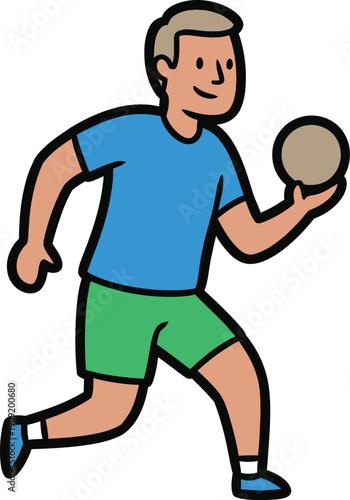 Cartoon man running with a ball in hand, illustration of a sportsman in action, dynamic pose, graphic design element