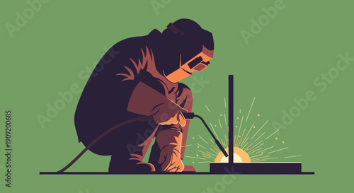 Welder working on metal fabrication project with sparks.