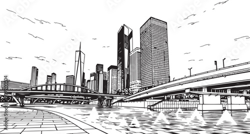 City landscape. Different buildings on street, outline cityscape hand sketch, flat houses. Hand drawn vector illustration