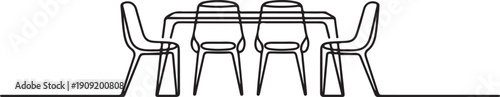 Modern dining room furniture set with table and four chairs.one line icon illustration with white background