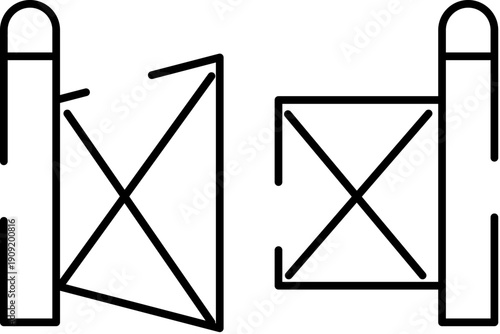 Turnstile access control barrier icon representing regulated pedestrian flow, entranceexit management and security for restricted areas, minimal line art vector on white background