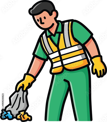 Man in safety vest and gloves collecting trash in a public area illustration