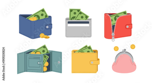 Colorful cartoon illustration of various wallets and purses filled with money.