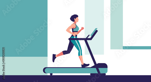 Woman Running on Treadmill in Modern Fitness Setting.