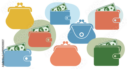 Colorful purses and wallets filled with money.