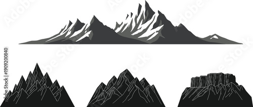 Mountain landscape silhouette set with rocky peaks and cliffs isolated on white background nature scenery vector illustration design