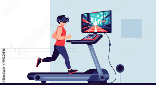 Man exercising on treadmill with virtual reality headset.