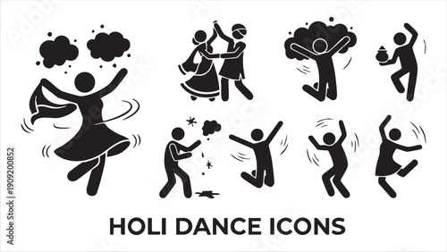 Holi dance icons depicting people dancing and celebrating during the festival of colors