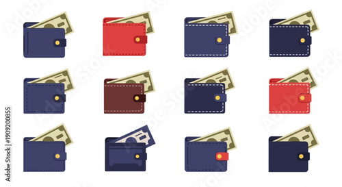 Assorted leather wallets with cash and cards in various colors.
