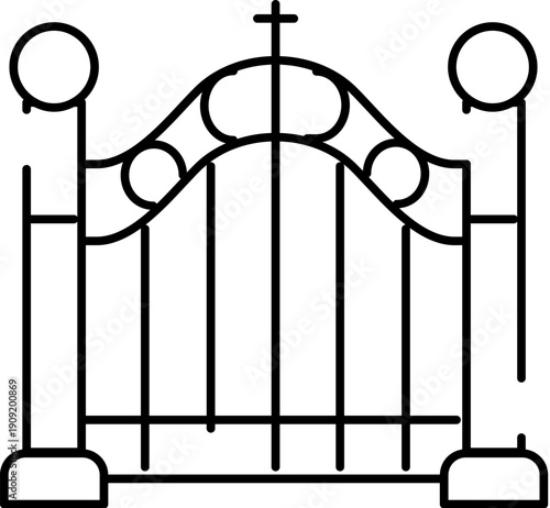 Cemetery gate featuring a cross symbol on top and ornate metalwork, providing an entrance to sacred grounds and representing concepts of mourning, funeral rites, and memorial