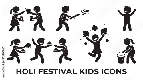 Holi festival kids icons depicting children celebrating and playing with color powder and water guns