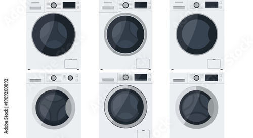 Set of modern white washing machines with digital displays.