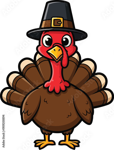 Cartoon brown turkey with red wattle and black pilgrim hat with gold buckle, standing facing forward, isolated on white background
