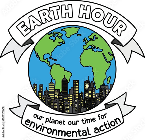 Global environmental action for Earth Hour initiative illustration featuring a cityscape